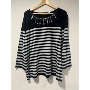 Alfred Dunner Sweater Black Silver Striped Metallic Embellished Neckline 1X JL